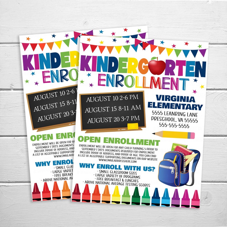 May include: A colorful flyer for kindergarten enrollment at Virginia Elementary. The flyer features a red apple, a blue backpack, a pencil, and a yellow crayon. The flyer lists open enrollment dates and times in August, the school's address and phone number, and reasons to enroll at Virginia Elementary.