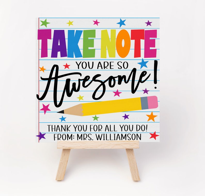 Pen Notebook Thank You Gift Tags, Take Note You Are Awesome, Teacher Staff Employee Appreciation, PTO PTA School Supples, Editable Template image 3