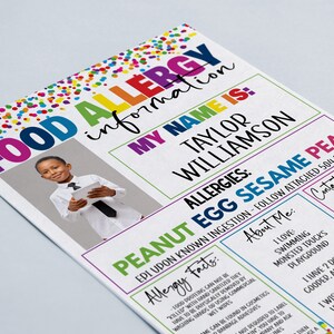 May include: A colorful food allergy information card with a photo of a young boy. The card includes the boy's name, Taylor Williamson, and lists his allergies: peanut, egg, sesame, and pea. It also includes contact information for the boy's parents.