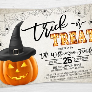 May include: A Halloween party invitation with a pumpkin wearing a witch's hat. The invitation says "trick-or-TREAT" with light bulbs around the word "TREAT". The invitation is hosted by the Williamson family on Friday, October 25th from 3:00 to 5:00 PM at 555 Spooky Lane, Boo VA 55555. RSVP with Michelle by October 15th at 555-555-5555.