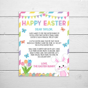 May include: A pink and blue Happy Easter card with a white bunny rabbit holding a basket of colorful eggs. The card has a message for Taylor from the Easter Bunny.