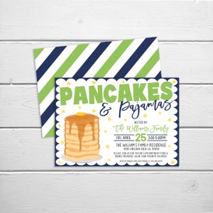 May include: A blue and green invitation card with gold stars. The card says "Pancakes & Pajamas" and is for a birthday party. The party is hosted by the Williams family on April 25th from 3:00 to 5:00 PM at the Williams' Family Residence. The address is 5555 Virginia View Ln. 55555. The invitation asks guests to wear their favorite pajamas and RSVP by March 15th with Michelle at 556-585-5555.