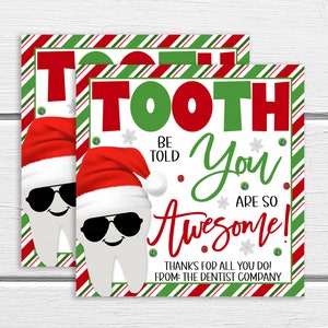 Etiquetas de presente de agradecimento odontológico de Natal, dente, diga que você é incrível, obrigado, equipe do dentista, higienista, assistente, funcionário do escritório, editável