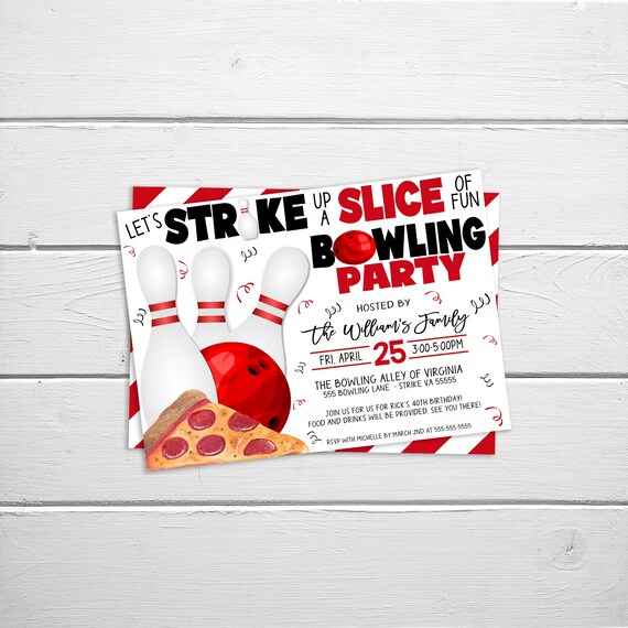 Bowling And Pizza Party Invitation, Bowling Party Card, Adult Party