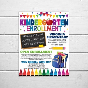May include: A colorful flyer for kindergarten enrollment at Virginia Elementary. The flyer features a chalkboard with the school's name and contact information, along with dates and times for open enrollment. The flyer also highlights the benefits of enrolling at Virginia Elementary, such as small classroom sizes, a large variety of programs, free breakfast and lunches, and above national average testing scores.