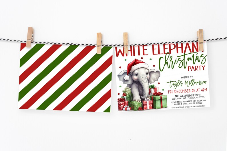 May include: A Christmas party invitation with a red and green striped background. The invitation features a cartoon elephant wearing a Santa hat and holding presents. The text on the invitation reads "White Elephant Christmas Party" and includes details about the event, such as the date, time, and location.