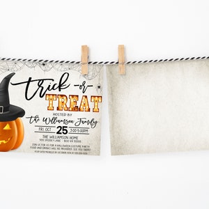 May include: A Halloween party invitation with a jack-o'-lantern wearing a witch's hat. The invitation reads "Trick-or-Treat" and includes the date, time, and location of the party.