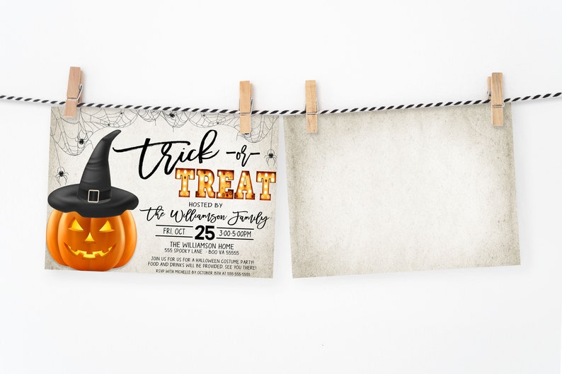 May include: A Halloween party invitation with a jack-o'-lantern wearing a witch's hat. The invitation reads "Trick-or-Treat" and includes the date, time, and location of the party.