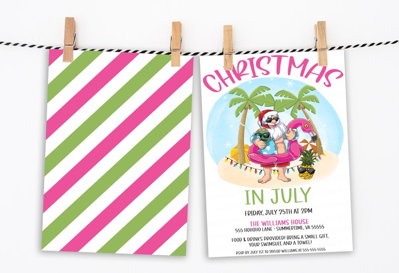 Puede incluir: Una invitaci&oacute;n a una Navidad en julio con un Pap&aacute; Noel de dibujos animados que lleva gafas de sol y una camisa hawaiana, montando un flotador de flamenco rosa en el oc&eacute;ano. El texto dice "Navidad en julio" e incluye la fecha, la hora y el lugar del evento.