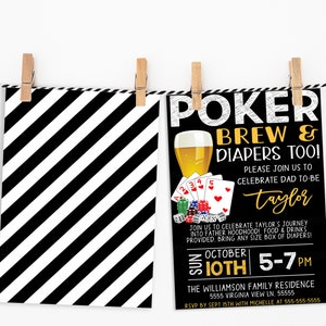 May include: Two cards are displayed, hanging from wooden clothespins on a black and white string. One card has a black and white diagonal stripe pattern. The other card is a black invitation with the text "POKER BREW & DIAPERS TOO!" and poker-themed graphics.