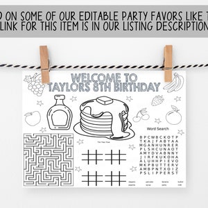 Puede incluir: Un favor de fiesta imprimible en blanco y negro con un laberinto, un juego de tres en raya, una b&uacute;squeda de palabras y una ilustraci&oacute;n de panqueques. El texto "Bienvenido al 8&ordm; cumplea&ntilde;os de Taylor" est&aacute; en la parte superior de la p&aacute;gina.