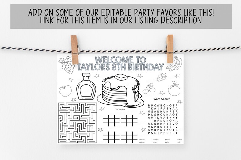 Puede incluir: Un favor de fiesta imprimible en blanco y negro con un laberinto, un juego de tres en raya, una b&uacute;squeda de palabras y una ilustraci&oacute;n de panqueques. El texto "Bienvenido al 8&ordm; cumplea&ntilde;os de Taylor" est&aacute; en la parte superior de la p&aacute;gina.