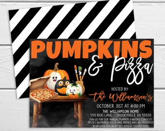 May include: Halloween party invitation with the text "Pumpkins & Pizza" in orange and white. The invitation features illustrations of pumpkins, pizza, and paintbrushes. The event details include the date, time, and location.