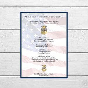 Invito al pensionamento E9 Master Chief modificabile, carta d'invito al pensionamento della US Navy fai-da-te, invito al pensionamento E9, personalizzabile