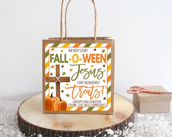 Halloween Religious Gift Tag, Never Stop Fall-O-Ween Jesus, Church Christian School, PTO PTA Teacher Faith Catholic, Sunday School, Editable