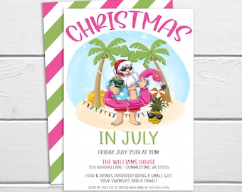 Christmas In July Party Invitation, Summer Santa Holiday Invite, Tropical Christmas Theme, Summer Pool Party, Editable Printable Template