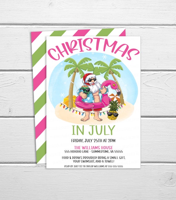 Christmas in July Party Invitation Summer Santa Holiday Etsy