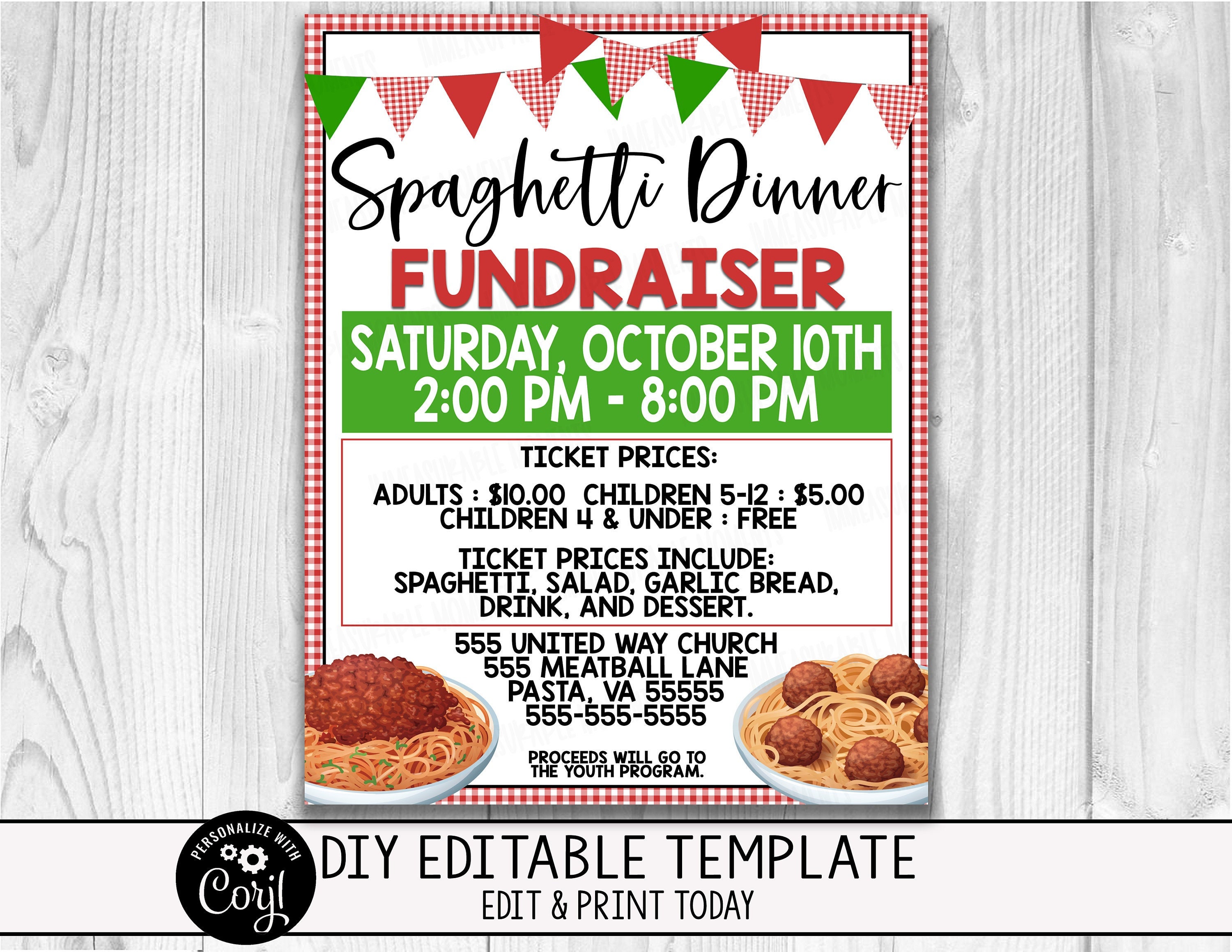 EDITABLE Spaghetti Fundraiser Flyer Church School Business Etsy Canada