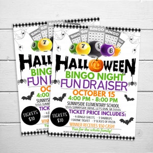 May include: A Halloween-themed bingo night fundraiser flyer with a black and white checkered background. The flyer features a pumpkin, bats, spiders, and bingo cards. The text reads "Halloween Bingo Night Fundraiser" and includes the date, time, and location of the event. Tickets are $10 and the winner receives $50 cash.