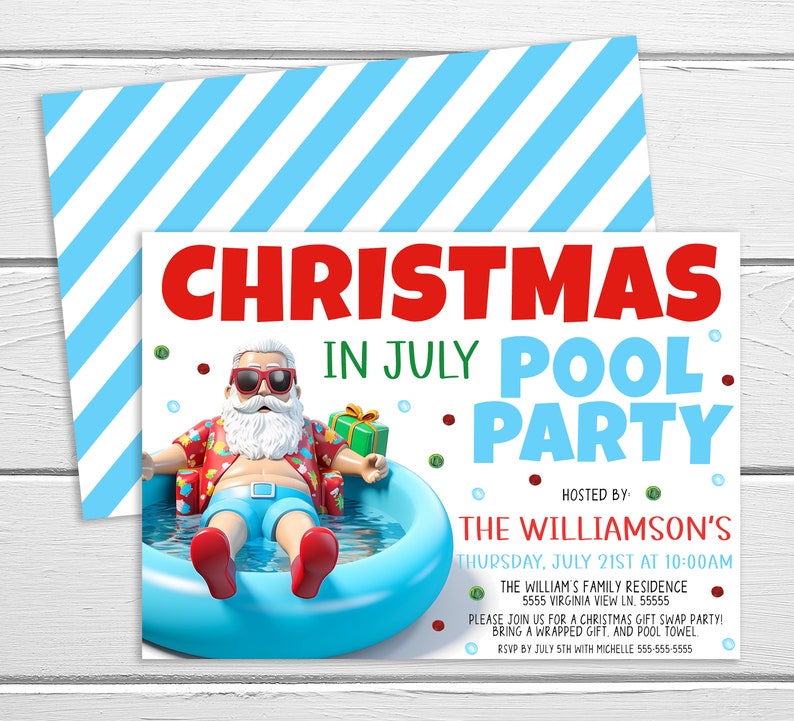 Op de afbeelding: Een uitnodiging voor een kerst-zwembadfeest in juli met een cartoon-kerstman die een zonnebril en een Hawaiiaans overhemd draagt, drijvend in een zwembad. De tekst luidt "Kerstmis in juli Zwembadfeest" en bevat de datum en tijd van het feest, de naam van de gastheer en het adres.