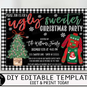 May include: Black and white plaid-bordered invitation for an ugly sweater Christmas party. The invitation features a Christmas tree with candy canes, snowflakes, and two sweaters. Text includes party details and the phrase "Ugly Sweater Christmas Party."