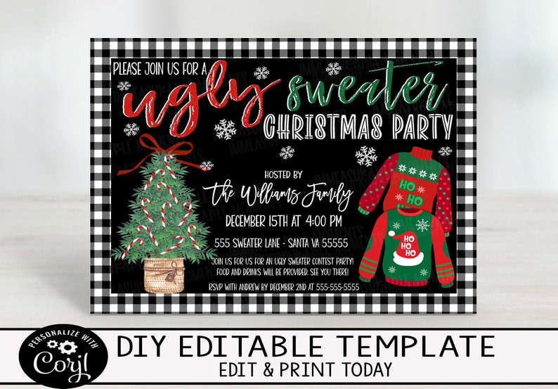 May include: Black and white plaid-bordered invitation for an ugly sweater Christmas party. The invitation features a Christmas tree with candy canes, snowflakes, and two sweaters. Text includes party details and the phrase "Ugly Sweater Christmas Party."
