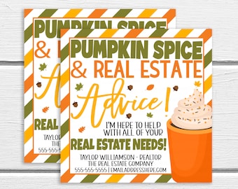 May include: A fall-themed real estate business card with a pumpkin spice latte graphic. The text reads "Pumpkin Spice & Real Estate Advice! I'm here to help with all of your real estate needs!" with contact information for Taylor Williamson, Realtor.