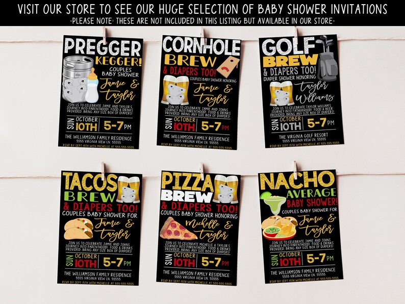 May include: Set of 6 black and gold baby shower invitations with different themes. The invitations feature illustrations of food and drinks, such as a keg, cornhole, golf clubs, tacos, pizza, and nachos. Each invitation includes the text "Brew & Diapers Too!" and the names of the couple being honored. The invitations are for a couples baby shower on October 10th from 5-7pm.