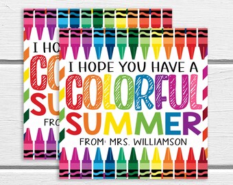 Zomer Crayon Gift Tags, hebben een kleurrijke zomer, einde van het schooljaar gift tag, klasgenoot student leraar kleuterschool, bewerkbaar