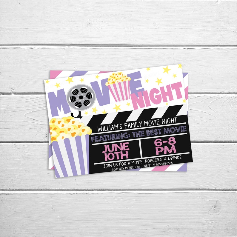 May include: A movie night invitation with a black and white film strip background. The invitation features a purple and white striped popcorn bucket, a film reel, and the text "MOVIE NIGHT". The text "WILLIAM'S FAMILY MOVIE NIGHT" is also included, along with the date "JUNE 10TH" and the time "6-8 PM".