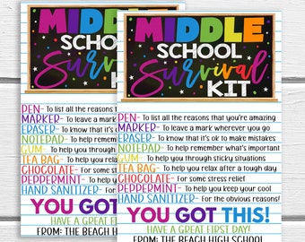 Kit de survie au collège Étiquette cadeau, cadeau pour les enseignants Élèves du personnel, 6e 7e 8e année Imprimable Consommables premier jour Fournitures bonbons PTO PTA