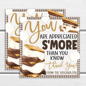 S'more Appreciation Gift Tag, Você é apreciado S'more Than You Know, Funcionário Professor Equipe Escola PTA PTO Enfermeira Voluntária Editável