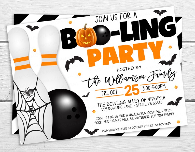 Halloween Bowling Party Invitation, Boo-ling Invite, Adult Kids Bowling Party, Let's Strike Up Some Fun, Fundraiser DIY Editable Printable image 2