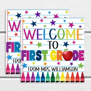 Welkom bij first grade gift tag, nieuw schooljaar 1e klas student cadeau, cadeau van leraar, nieuwe studenten, schoolpersoneel, bewerkbaar afdrukbaar