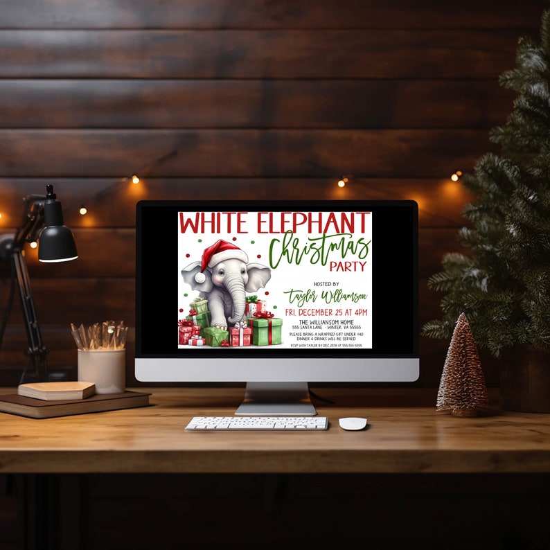 May include: A digital invitation for a White Elephant Christmas party hosted by Taylor Williamson. The invitation features a cartoon illustration of a white elephant wearing a Santa hat and surrounded by wrapped gifts. The party is scheduled for Friday, December 25th at 4pm at the Williamson home. Guests are asked to bring a wrapped gift under &pound;20 and drinks will be served.