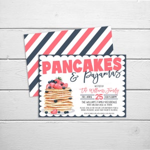 May include: Invitation to a pancake and pajamas party hosted by the Williams family on April 25th from 3:00 to 5:00 PM. The party will be held at the William's Family Residence, 5555 Virginia View Ln., 55555. Guests are asked to RSVP by March 10th with Michelle at 556-584-5555.