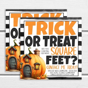 Halloween Pop By Gift Tags, corretor de imóveis, doces ou travessuras em busca de mais pés quadrados, referências de marketing Pop-By, editável para impressão