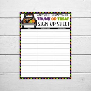 May include: A black and white sign-up sheet for a Trunk or Treat event at Sunnyside Elementary School. The sign-up sheet has columns for name, phone number, and email address. The sign-up sheet is decorated with a cartoon image of a black pickup truck with a trunk full of Halloween sweets.