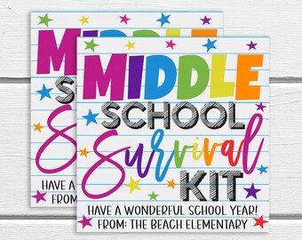Middle School Survival Kit Gift Tag, Printable Editable Gift Bag, Welcome Back, Graduation, PTO PTA, Gift Ideas For Teachers Staff Students