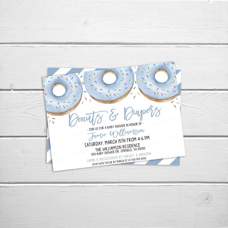 Baby Donut Invitation, Donut And Diapers Baby Shower, Sprinkled With Love Invite, Baby Boy Blue Shower, Blue Donut Sprinkle Invitation image 1