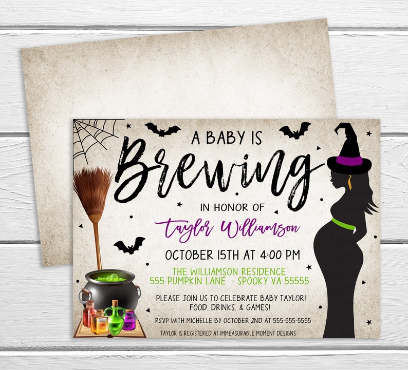 Halloween A Baby Is Brewing Baby Shower Invitation, Fall Halloween Couples Gender Revel Invite, Editable Printable, Monster Little Boo image 1