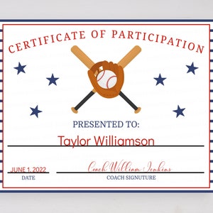 Editable Baseball Certificate, End Of Season Award, Baseball Team Party Celebration, Sports Little League T-Ball, Printable Instant Download