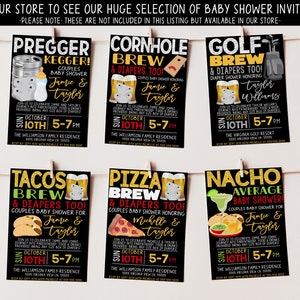 May include: Set of 6 black and gold baby shower invitations with different themes. The invitations feature illustrations of food and drinks, such as a keg, cornhole, golf clubs, tacos, pizza, and nachos. Each invitation includes the text "Brew & Diapers Too!" and the names of the couple being honored. The invitations are for a couples baby shower on October 10th from 5-7pm.