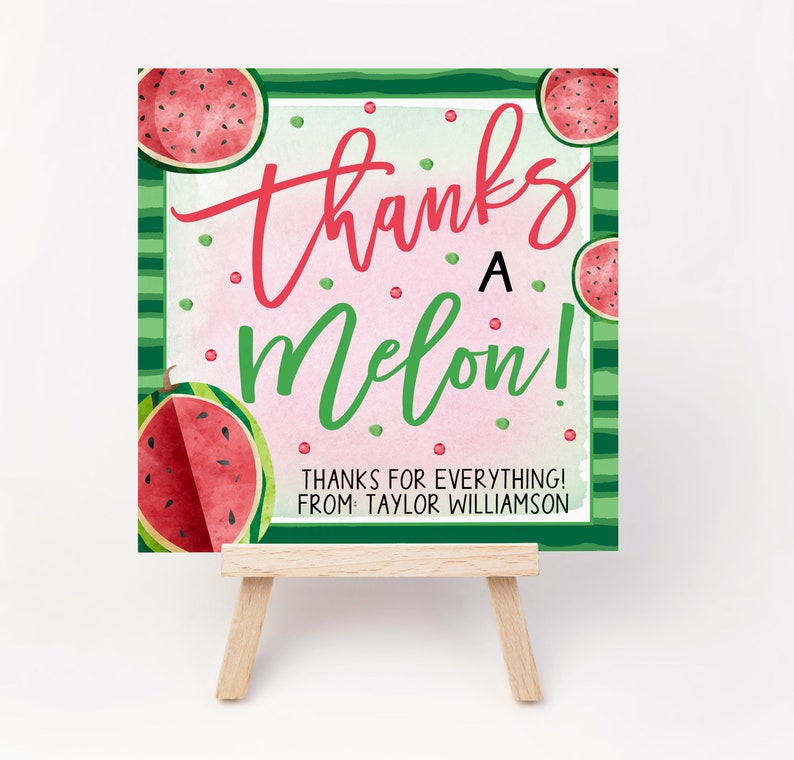 May include: A pink and green card with a watermelon design and the text "Thanks a Melon! Thanks for everything! From: Taylor Williamson".