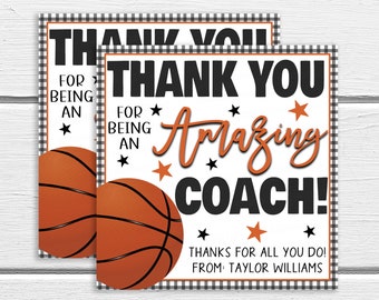 May include: Two printable thank you cards for a basketball coach. The cards feature a basketball, stars, and the text "Thank You for Being an Amazing Coach! Thanks for all you do! From: Taylor Williams."