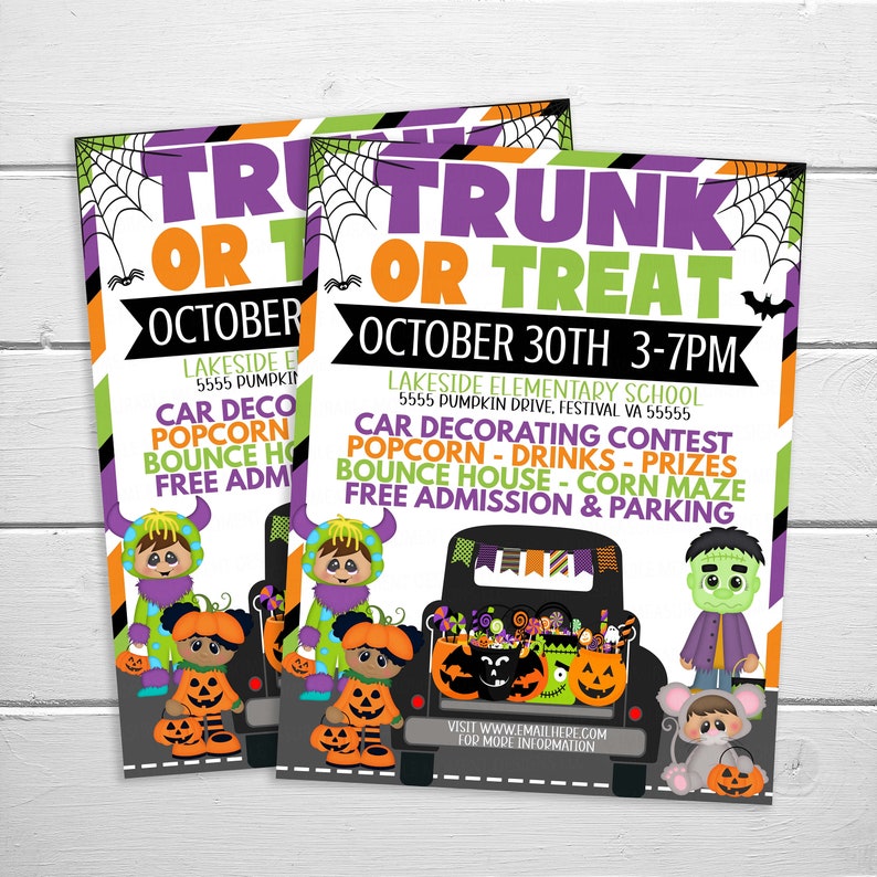 Puede incluir: Un folleto morado, verde, naranja y negro para un evento Trunk or Treat en la escuela primaria Lakeside el 30 de octubre de 3:00 pm a 7:00 pm. El folleto presenta un cami&oacute;n de dibujos animados con ni&ntilde;os disfrazados de monstruos y calabazas. El evento incluye un concurso de decoraci&oacute;n de autos, palomitas de ma&iacute;z, bebidas, premios, una casa inflable, un laberinto de ma&iacute;z y entrada y estacionamiento gratuitos.
