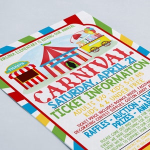 May include: A colorful flyer for a school carnival with a red and white striped tent, a yellow ticket booth, and a yellow wagon with cotton candy. The flyer says "Virginia Elementary is having our annual Carnival Saturday, April 21".