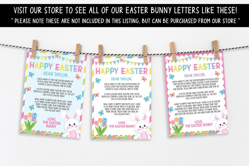 Puede incluir: Tres cartas de conejito de Pascua imprimibles con bordes coloridos e ilustraciones de mariposas y huevos. Las cartas est&aacute;n dirigidas a Taylor e incluyen un mensaje del conejito de Pascua.