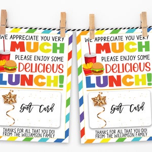 Lunch Cadeaukaarthouder, Bewerkbare Bedankkaart/Tag, Burger Fries Sandwich Leraar Schoolpersoneel Werknemer Vrijwilliger Verpleegkundige PTO PTA