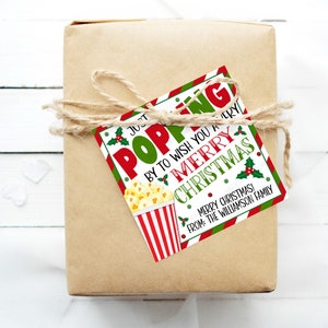 Etiqueta de regalo de agradecimiento de palomitas de maíz de Navidad, etiqueta de marketing de Navidad editable, bienes raíces, pequeñas empresas, personal de PTA PTO de empleado docente